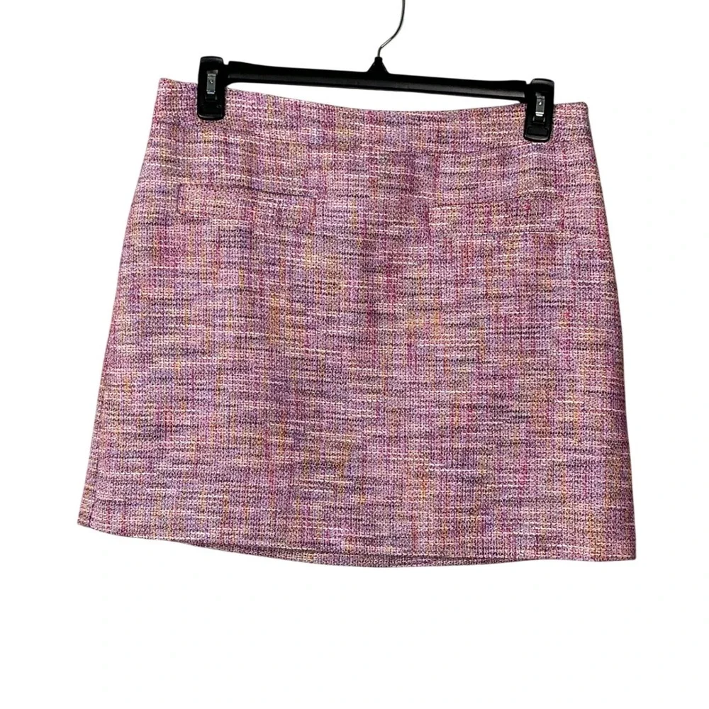 LOFT Petites Pink Multi Color Tweed Mini Skirt Size 12P Side Zip A-Line